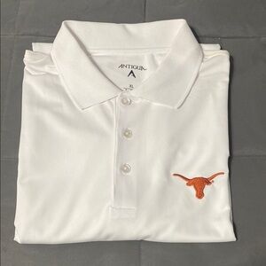 Antigua Men's White Polo Shirt with Longhorn logo.